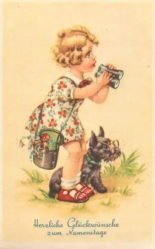 Postcard Holiday Christmas girl looking glass dog glasses flower
