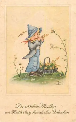Postcard children boy with flute flower basket