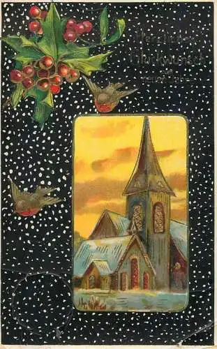 Postcard holiday New Year Christmas church bird mistletoe