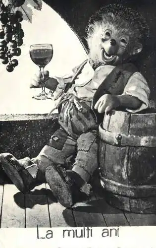 Hedgehog cheers champagne birthday greetings postcard Romania c.1968