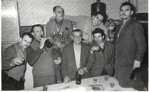 Social history souvenir photo group of men cheers alcohol