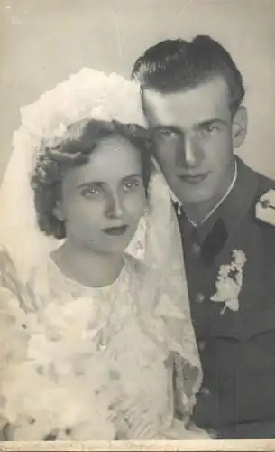 Marriage souvenir photo postcard military groom and bride