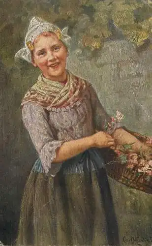 Fine art postcard painting C. Mucke Blumenverkauferin