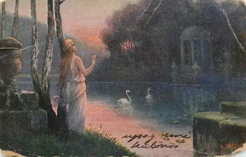 Fine art postcard painting woman lake edge swans