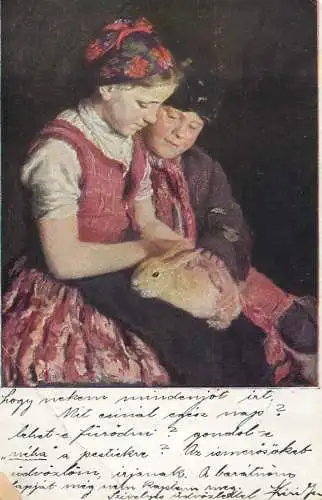 Fine art postcard painting Glatz kinder as Hasen