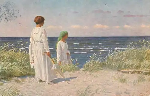 Fine art postcard painting Paul Fischer Solskinsdag paa Stranden