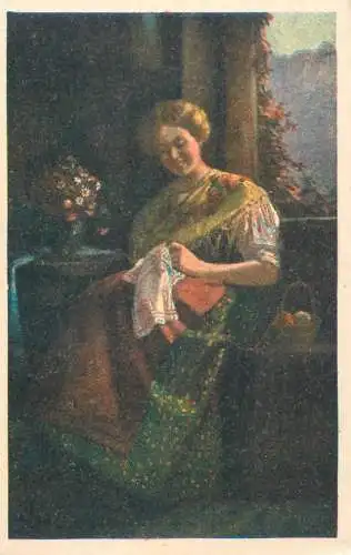 Fine art postcard painting elegant woman in knitting smile