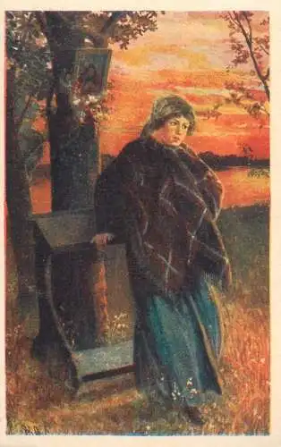 Fine art postcard painting elegant woman in nature