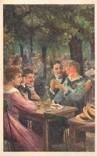 Fine art postcard painting nature terrace elegant dinner party restaurant