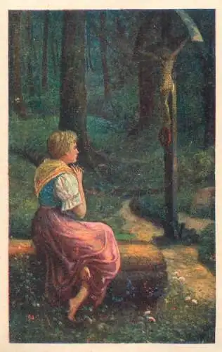 Fine art postcard painting landschaft woman praying Jesus cross