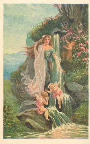 Fine art postcard painting landschaft angels and waterfall