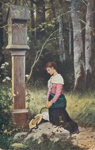 Fine art postcard painting H. Salentin waldandacht