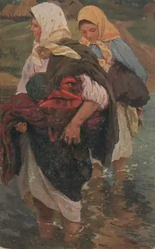 Fine art postcard painting F. Sitschkoff die furt le gue