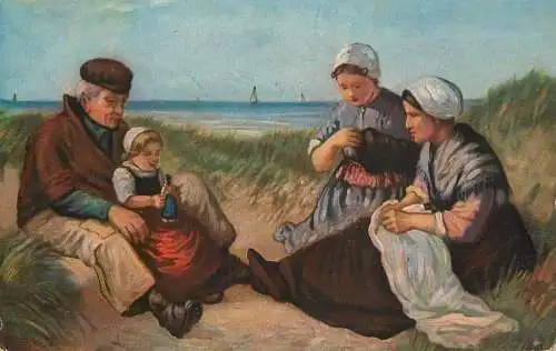 Fine art postcard painting Feierabend E. Arzt ocean beach dunes