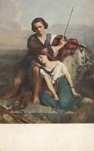Fine art postcard painting violonist singer and woman romance