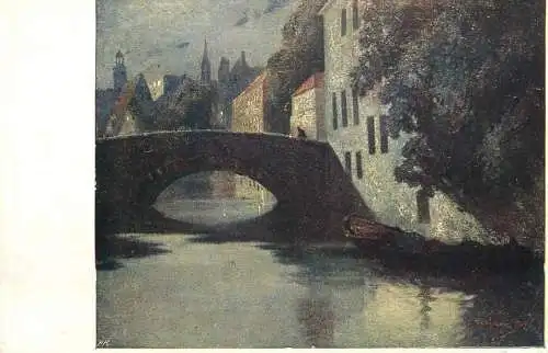 Fine art postcard painting Austria bridge and boat