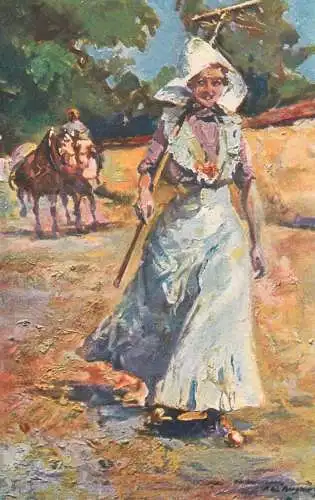 Fine art postcard painting zur Erntezeit C.W. Bergmuller