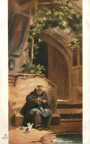 Fine art postcard painting F.A. Ackermann's Kunstverlag Munchen C. Spitzweg Strickender Monch