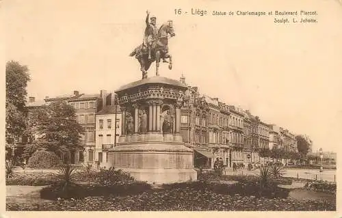 Postcard Belgium Liege statue de Charlemagne et Boulevard Piercot