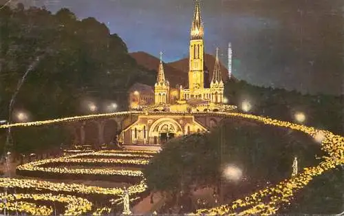 France Lourdes Basilica illuminated & the torchlight procession