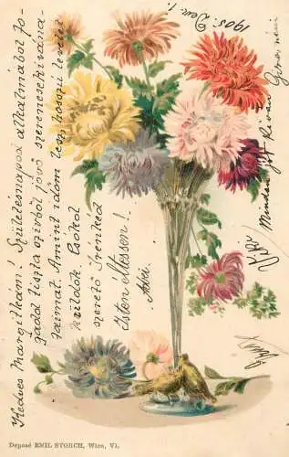 Postcard flowers glass birds