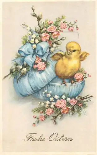 Postcard flowers and chiks hatching Frohe Ostern