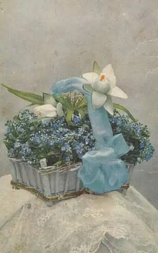 Postcard flowers blue basket