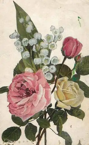 Postcard flowers pink rose lily of the valley