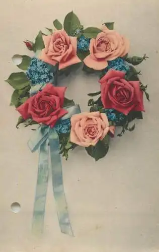 Postcard flowers red pink rose wreath
