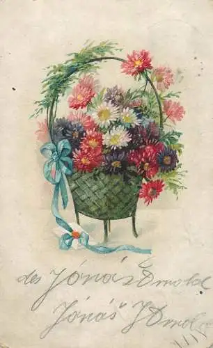 Postcard flowers field flower basket bow