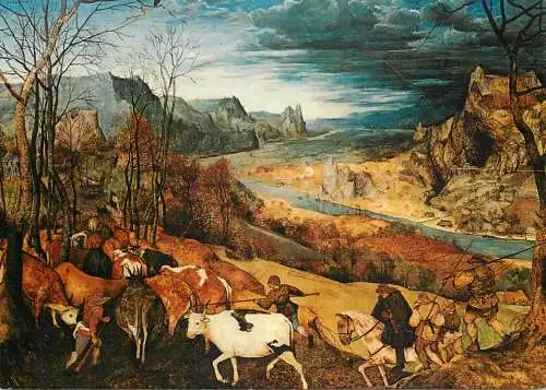 Postcard fine arts painting Pieter Bruegel driving the cattle home