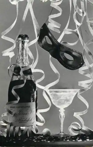 New Year Greetings mask, champagne bottle and glass