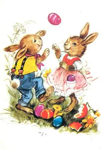 Postcard Easter scene humanized rabbit egg etch