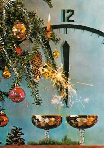 Postard holiday New Year Christmas tree champagne