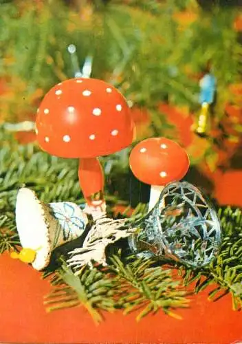 Postard holiday bells mushrooms and tree Christmas