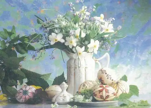 Postard holiday Easter eggs and flower vase