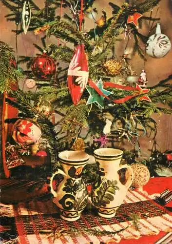 POstard holiday Christmas Romania clay pot and tree