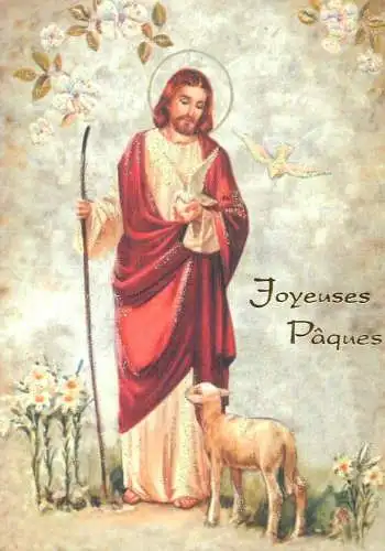Postcard holiday joyeuses paques Christ sheep