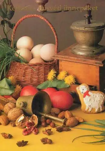 Postcard holiday Easter scene Kellemes husveti unnepeketegg basket