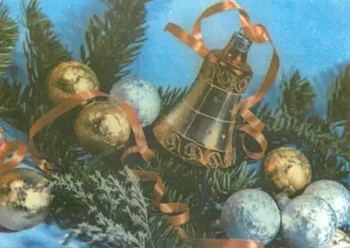 Postcard holiday Christmas scene globes and bells