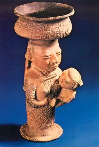 Postcard fine arts sculpture statue pottery bowl with modelled pedestal
