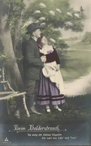 Holiday postcard couple Beim Bolderstrauch romance dress hat park