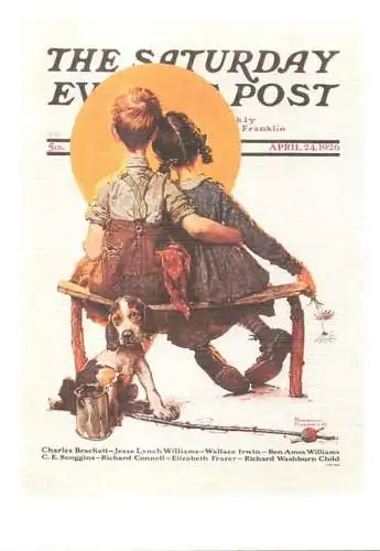 Postcard advertising the Saturday evening post dog boy and girl love
