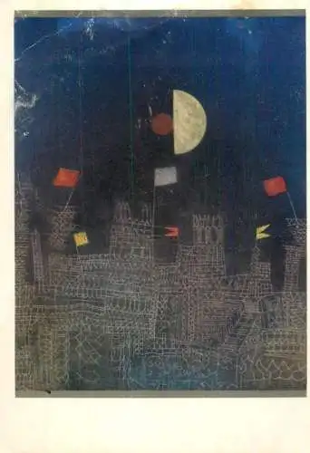 Postcard fine arts painting P. Klee town hung with flags