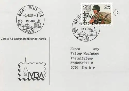 Suisse papeterie estampillée Egg Sz am Etzel 1989 soldier stamp