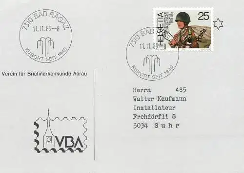 Suisse papeterie estampillée Bad Ragaz 1989 soldier stamp