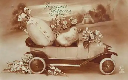 Easter greetings Joyeuses Paques, chicken, pencilled egg, antique toy car and flowers