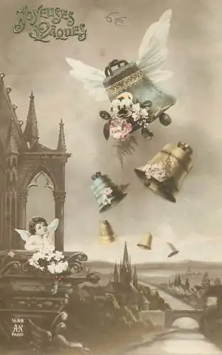 Easter greetings Joyeuses Paques angel and bells decorative ornaments