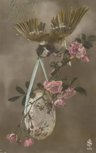 Easter greetings Joyeuses Paques bird, pencilled egg and roses