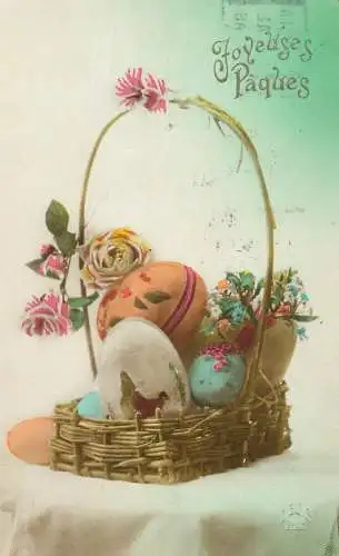 Easter greetings Joyeuses Paques pencilled eggs basket and floral decora